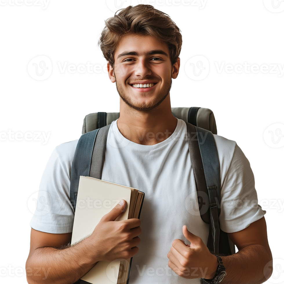 Smiling Young Male Student Holding a Book and Wearing a Backpack on Transparent Background png