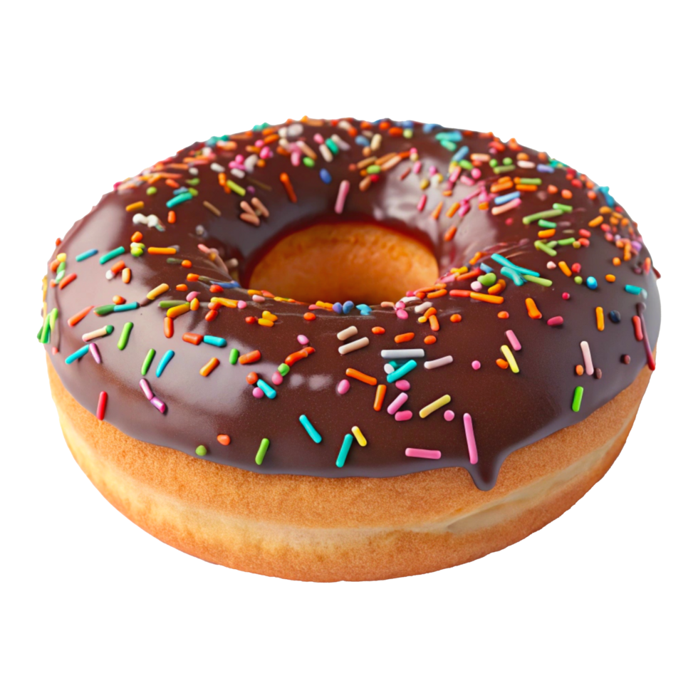 Photorealistic Donut with Chocolate Frosting Colorful Sprinkles Glossy Glaze png