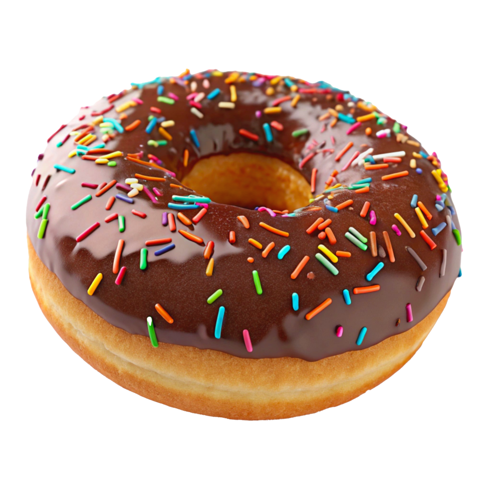 Photorealistic Donut Chocolate Frosting Colorful Sprinkles Glossy Surface png