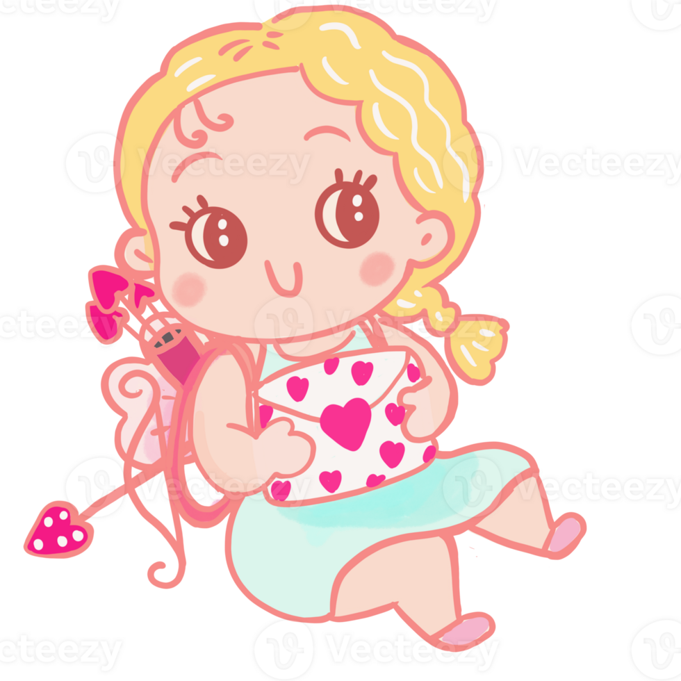 Cute Cupid angel with love letter envelope hand drawn cartoon png
