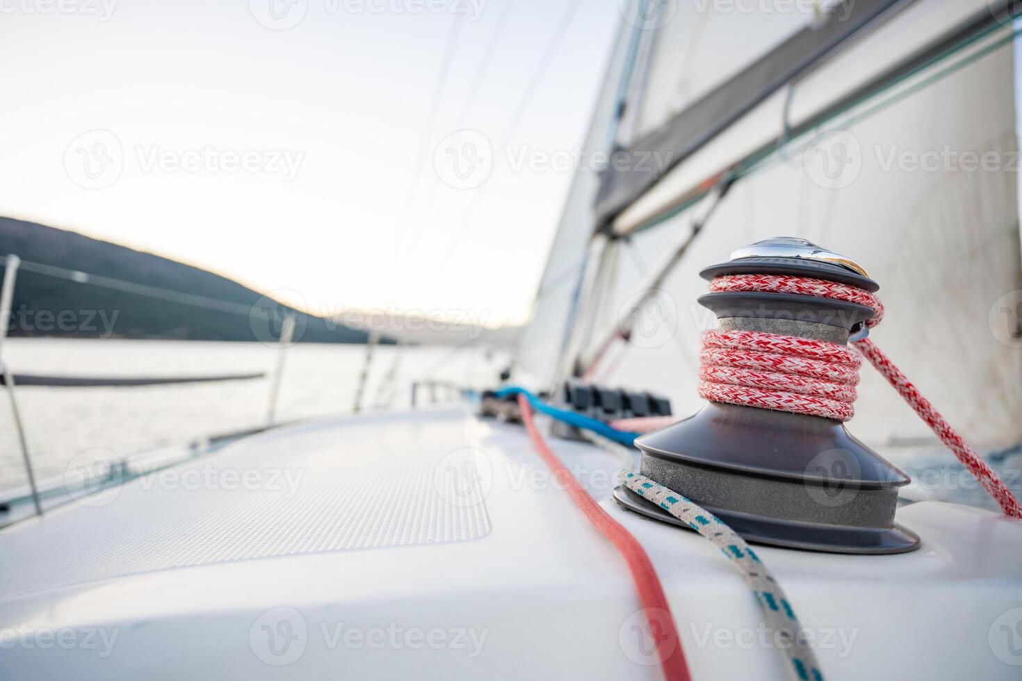 Yacht sailing in Adriatic sea. Close-up view of the deck, mast and sails. Yachting concept. High quality photo