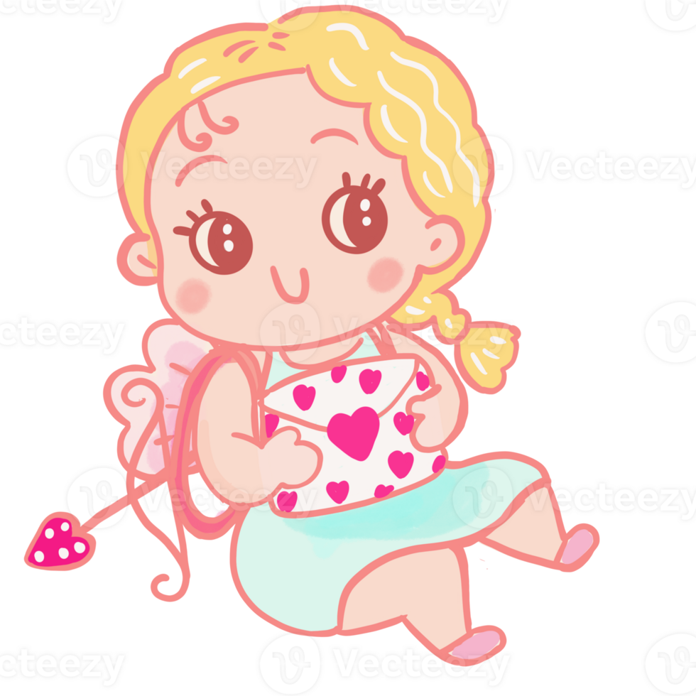 Cupid girl angel with love letter for valentines hand drawn clip art png