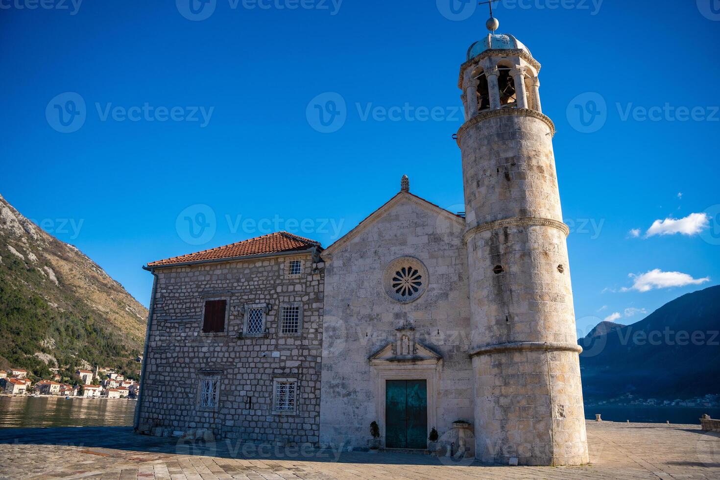 Saint George Island and Church of Our Lady of the Rocks near Perast in Montenegro. Boka Kotor bay, Europe. . High quality photo