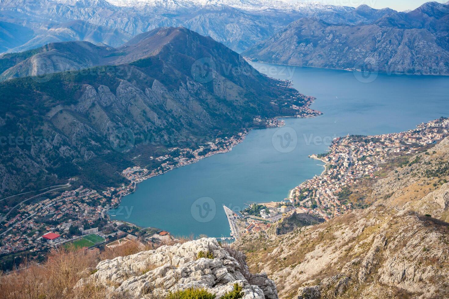 Panoramic view of Kotor Bay Boca and mountains from mountain view point in Montenegro in winter time. High quality photo