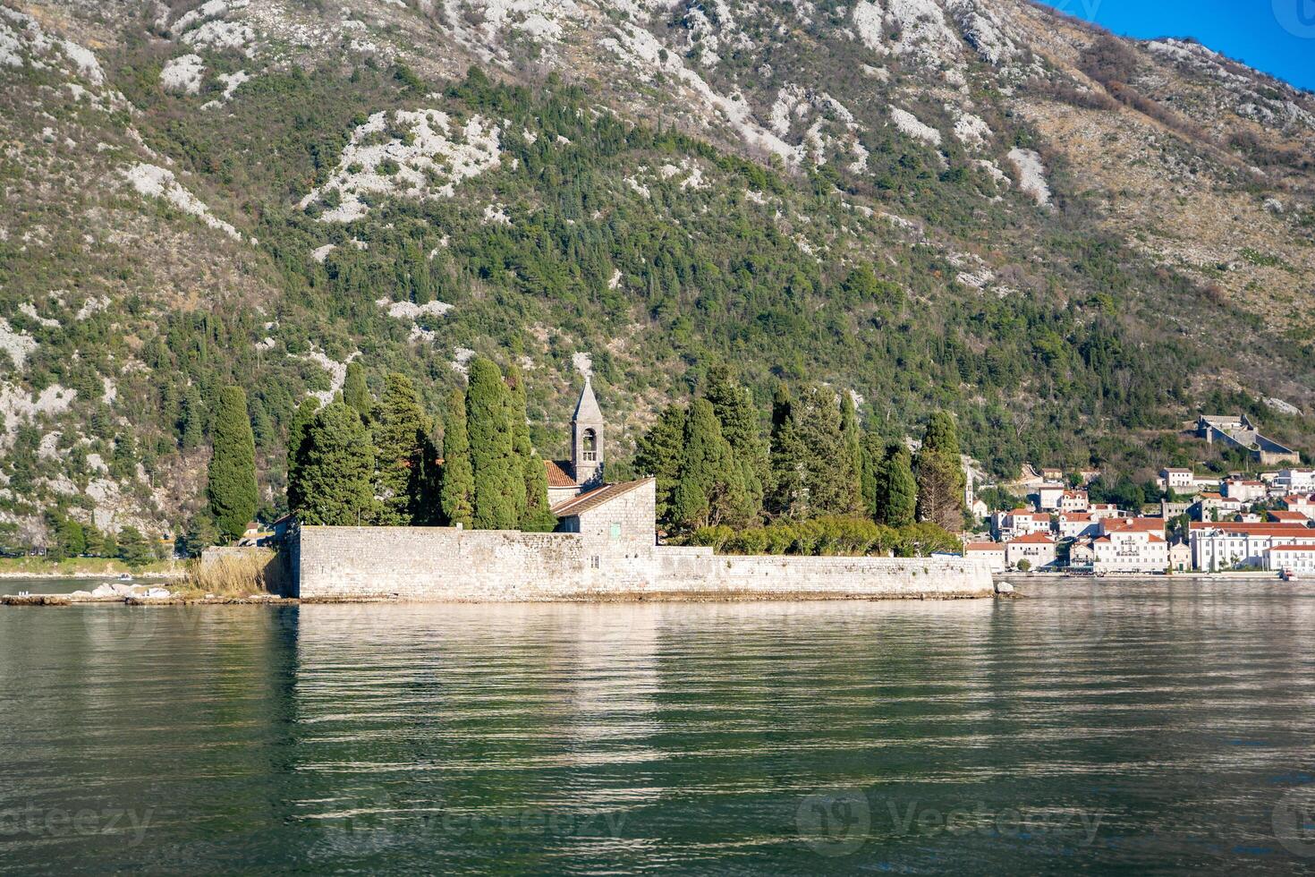 View from water of St. George Island near town Perast, Kotor bay, Montenegro. High quality photo