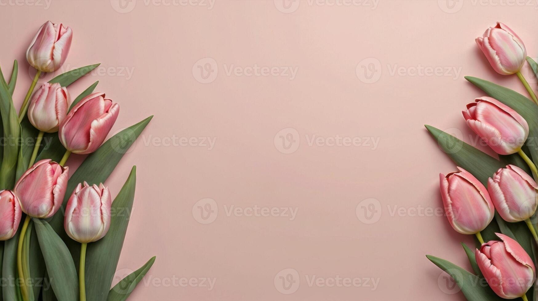 Bouquet of pink tulips on a pink background, top view, space for text. photo
