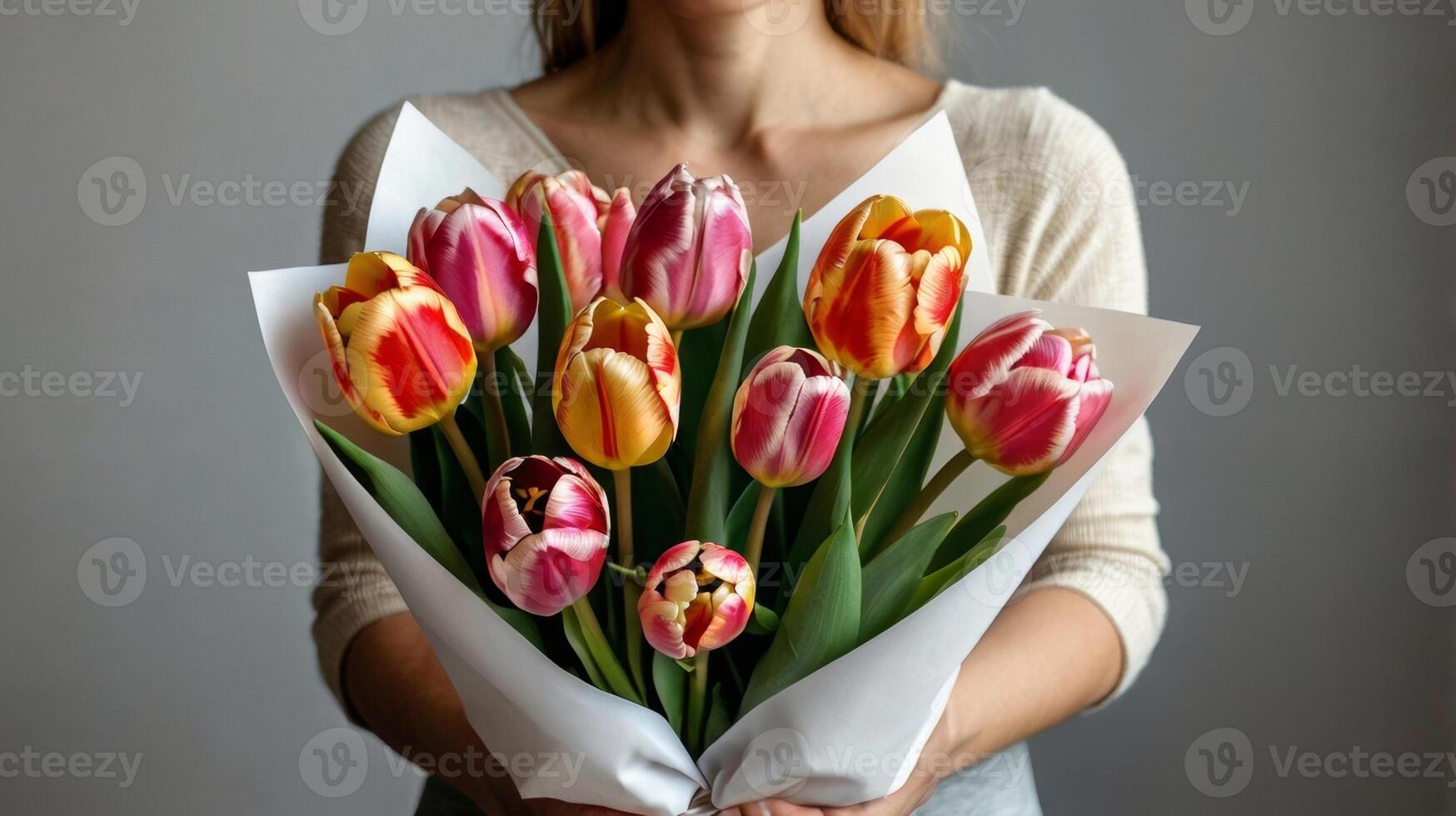 A woman holds a beautiful bouquet of tulips wrapped in white paper photo