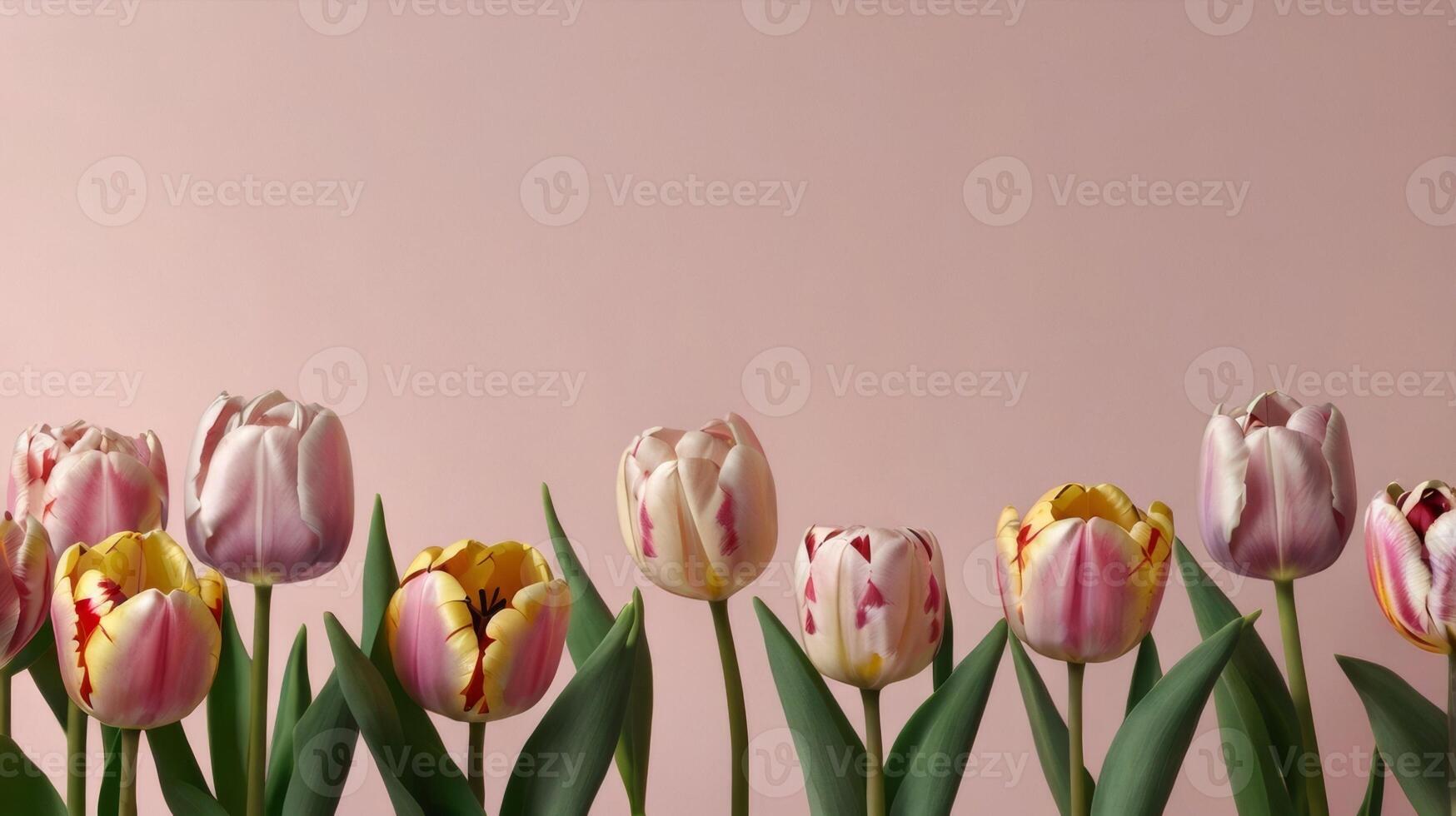 Bouquet of flowers on pink background, top view, space for text on top photo