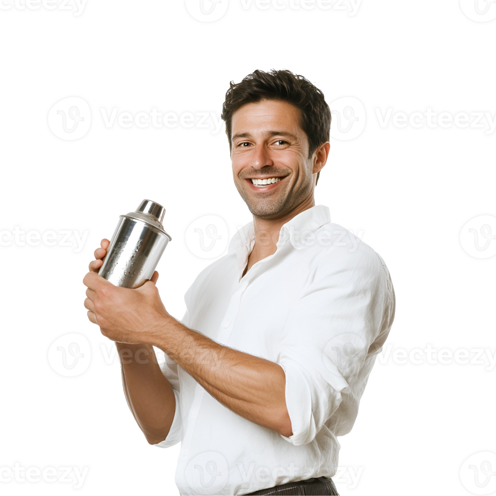 Man Bartender Shaking Cocktail Shakers Smiling png