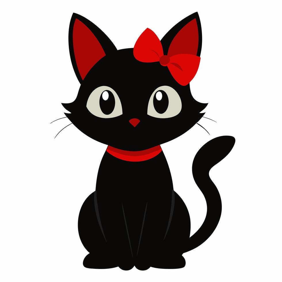 Cute cartoon black cat with red bow isolated on white background. Front view. vector