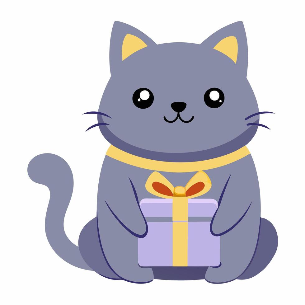 Cute cartoon gray cat with a gift isolated on white background. Side view. vector