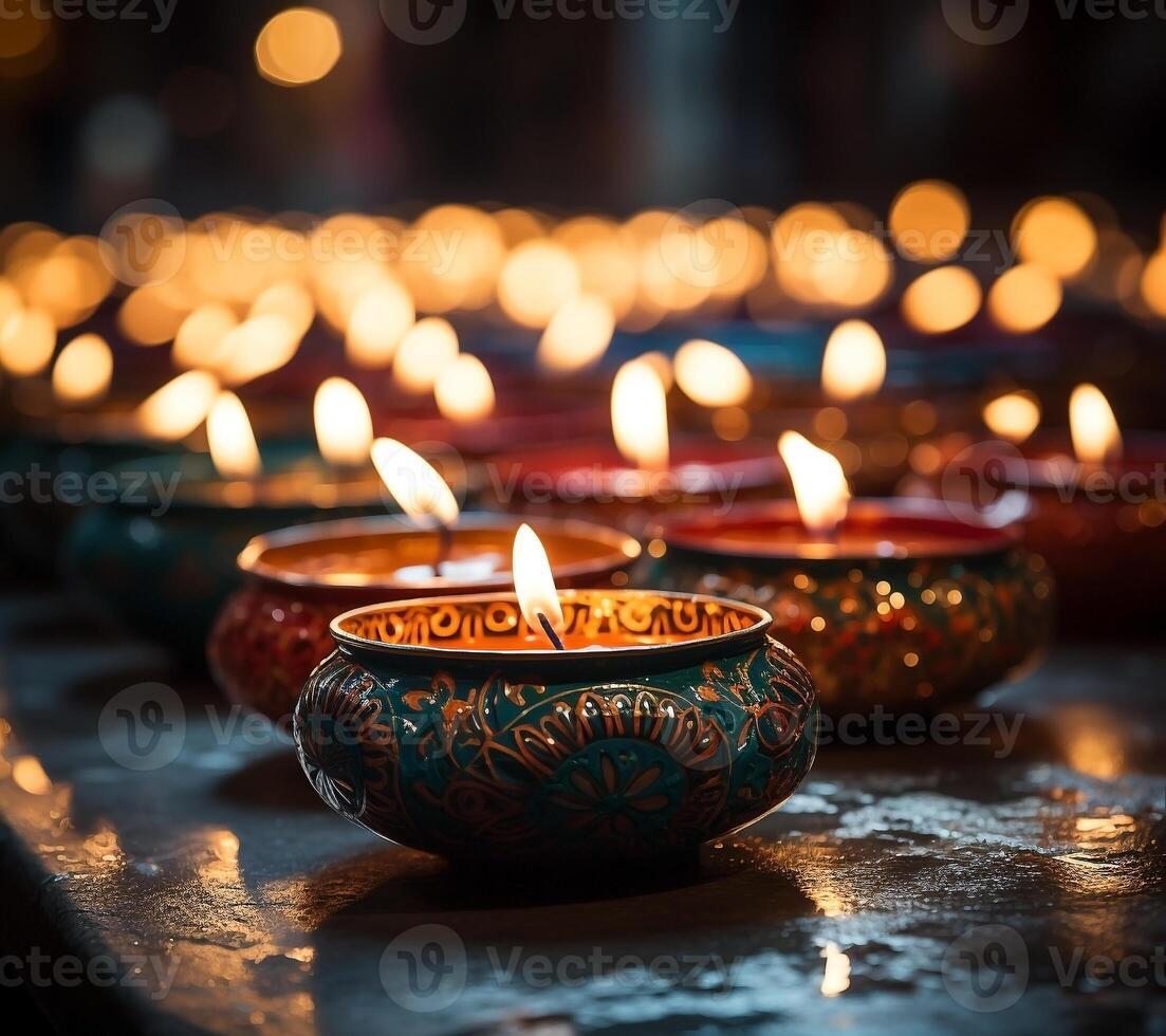Many colorful lit candles are lined up on a table photo