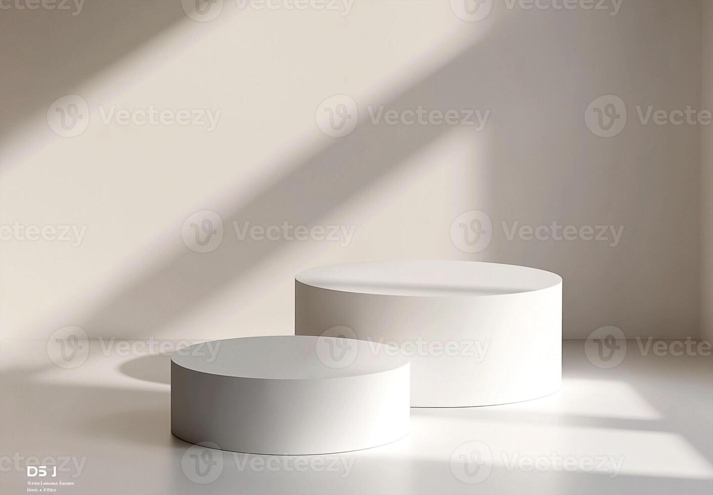 Two white round tables sit in front of a wall photo