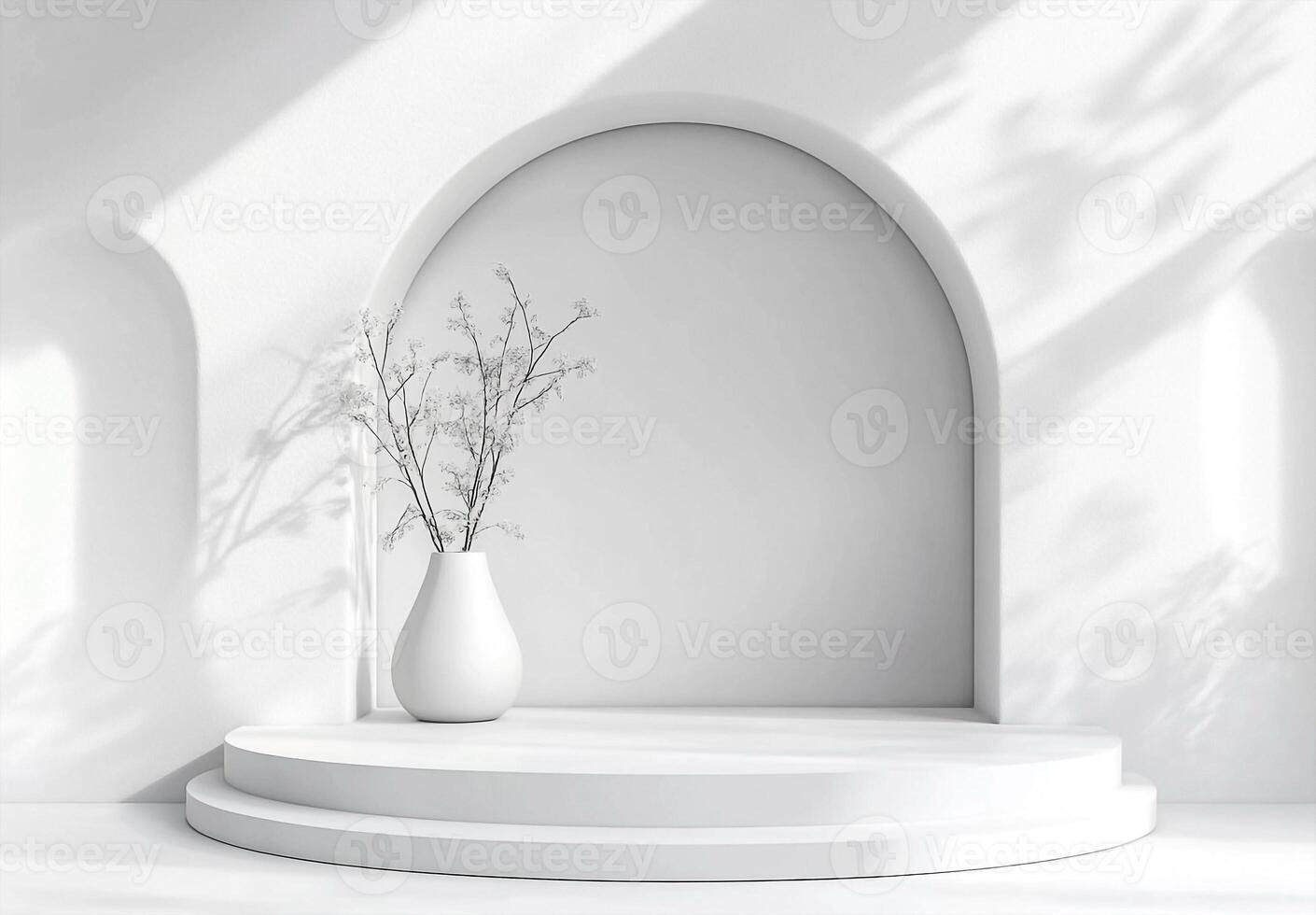 White stage with a vase and a tree in front of it photo