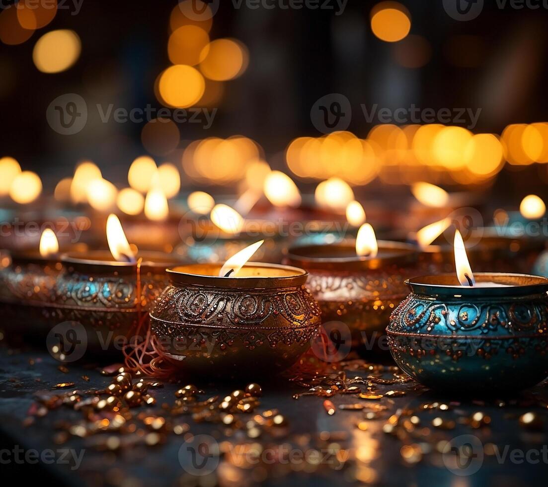 Many colorful lit candles are arranged on a table photo