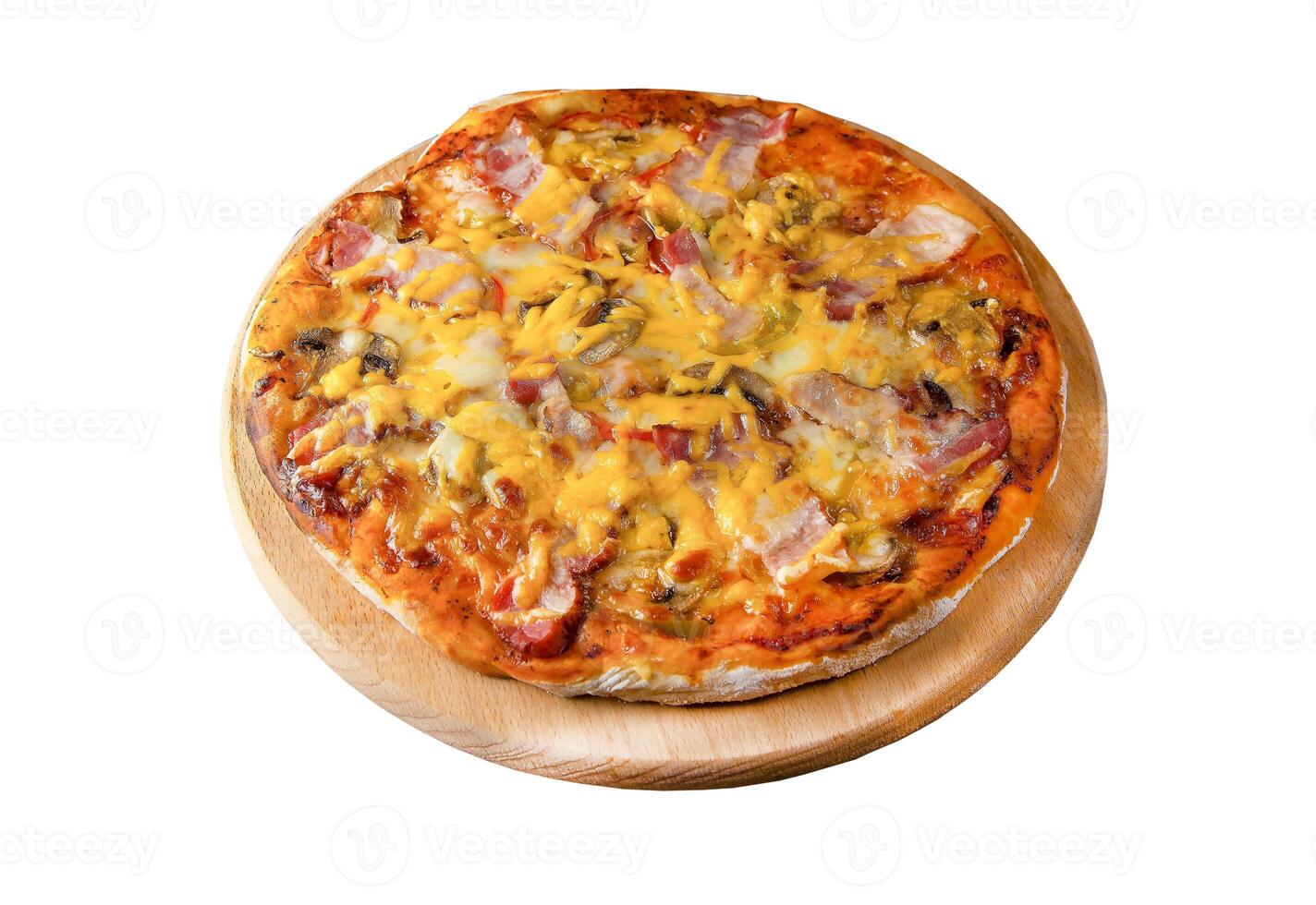 Round homemade pizza on a wooden board isolated on white background. Traditional simple pizza with thick crust photo
