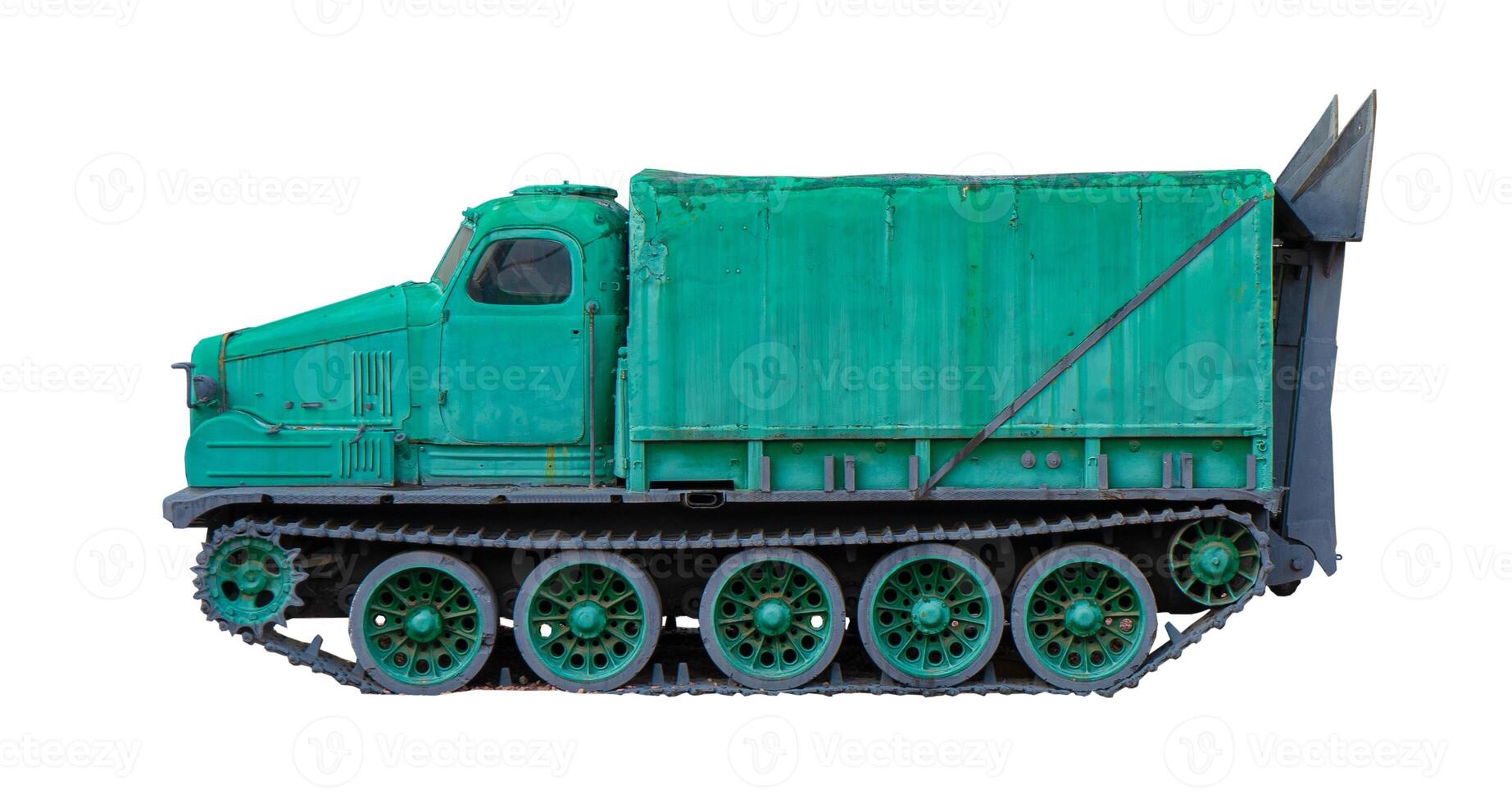 Old crawler truck isolated on white background. Green all-terrain vehicle. SUV car. BTR retro model photo