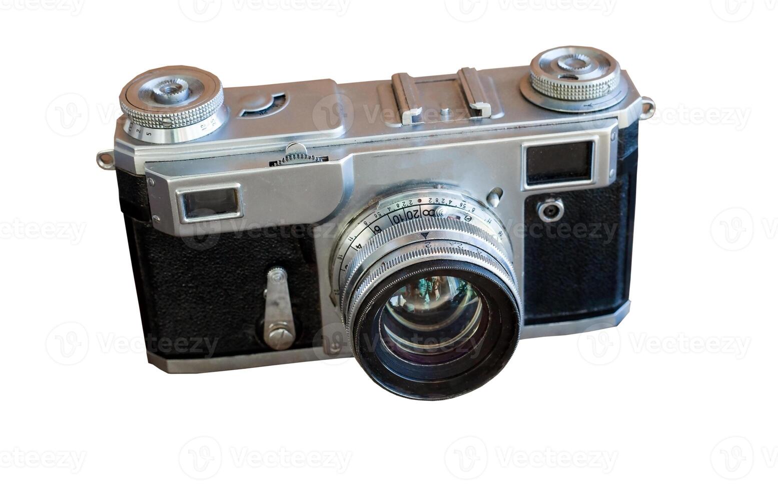 Old camera isolated on a white background. Vintage film camera with retro lens isolate. 19th century photo