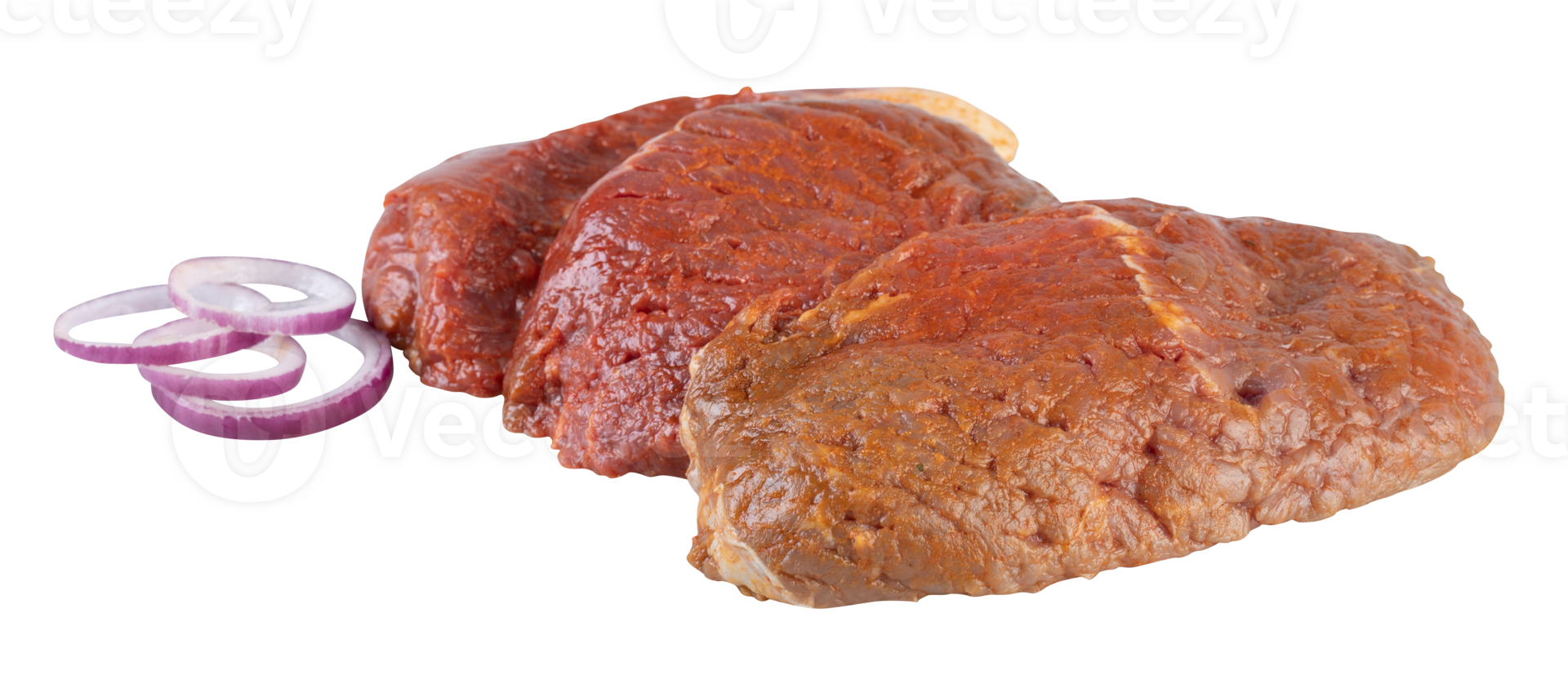 Fresh beef steak with sliced red onions cut out isolated transparent background png