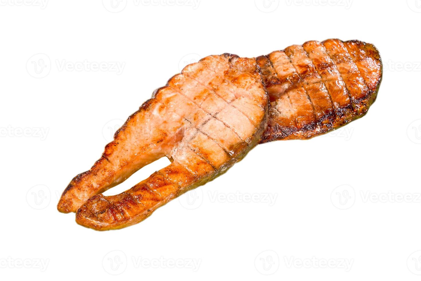 Salmon steak isolated on white background. Grilled fish. A serving of food is two pieces of baked red fish. A healthy delicacy. Grill. photo