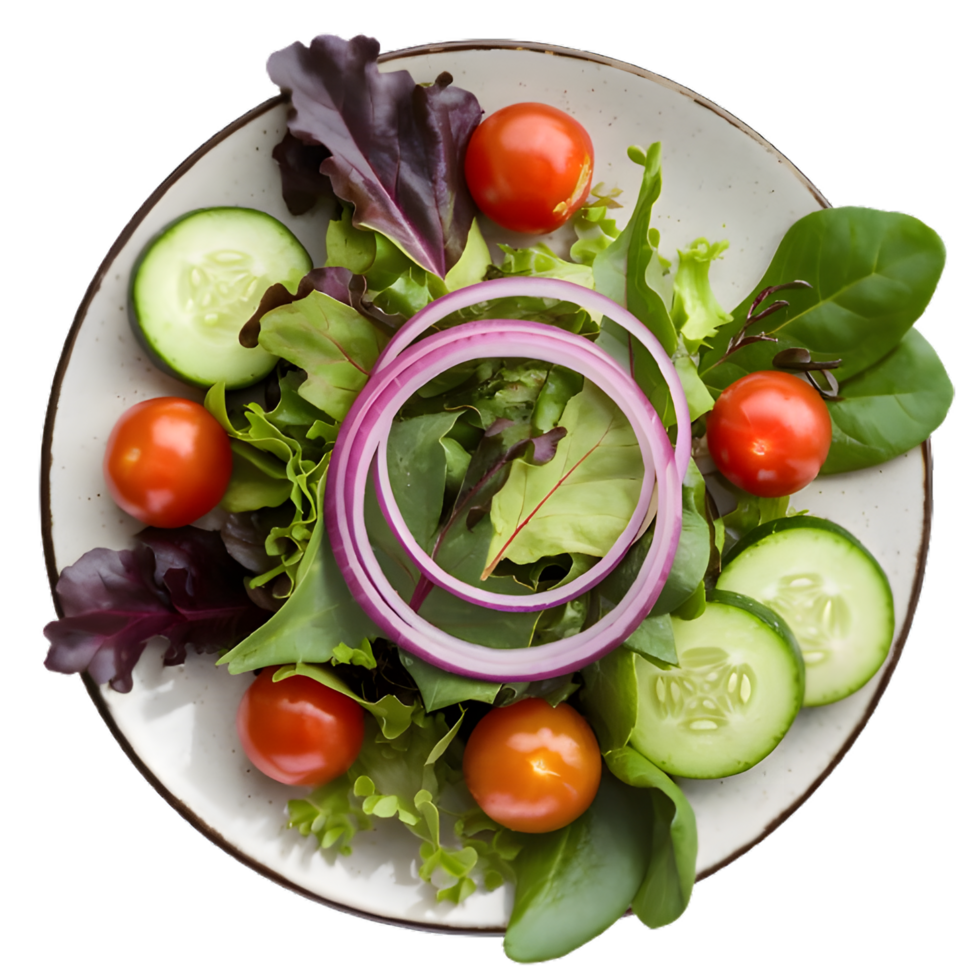 A top view of a white plate filled with a variety of fresh mixed greens, cherry tomatoes, cucumber slices, and red onion rings, drizzled with balsamic vinaigrette isolated on a transparent background png