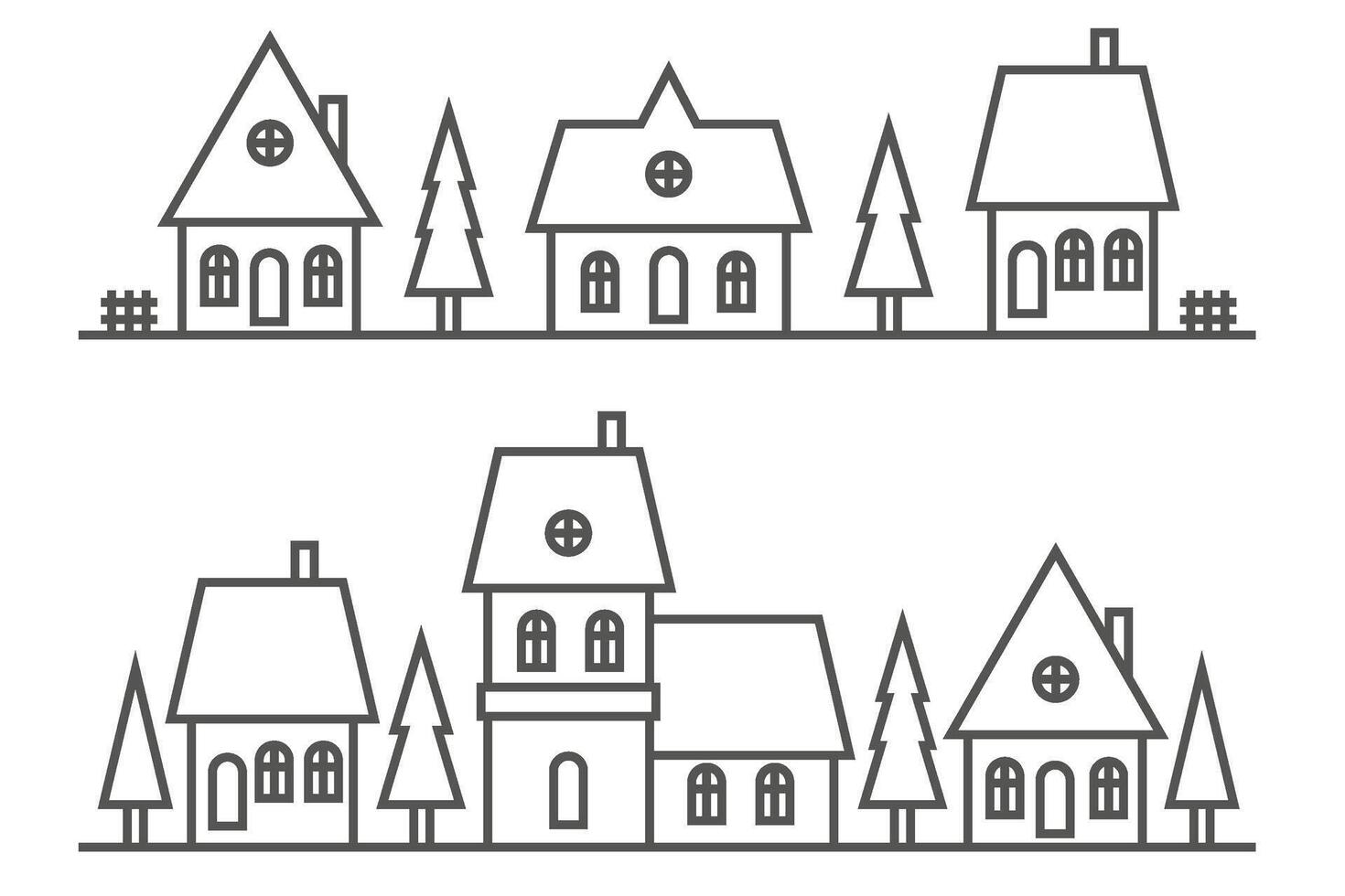 Winter village silhouette. Outline illustration of neighborhood skyline on white background. Row of cute buildings and fur trees. Horizontal country scene. vector
