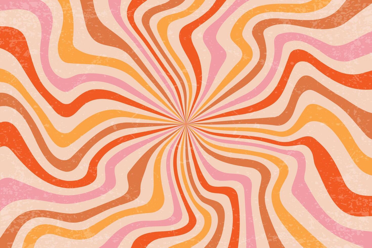 Retro groovy spiral pattern. Swirl sunburst vintage textured background. Psychedelic radial wavy lines. Funky carnival twist 70s design for posters and wallpaper vector
