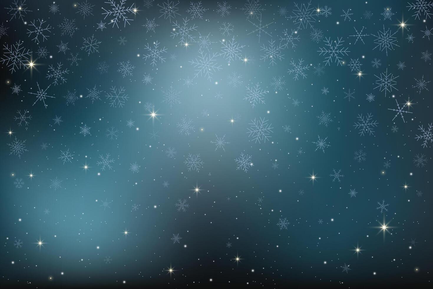 Dark winter night sky with falling snowflakes glowing stars and a blue-black background. Celestial illustration blends galaxy light, nebula magic and constellation fantasy design. vector