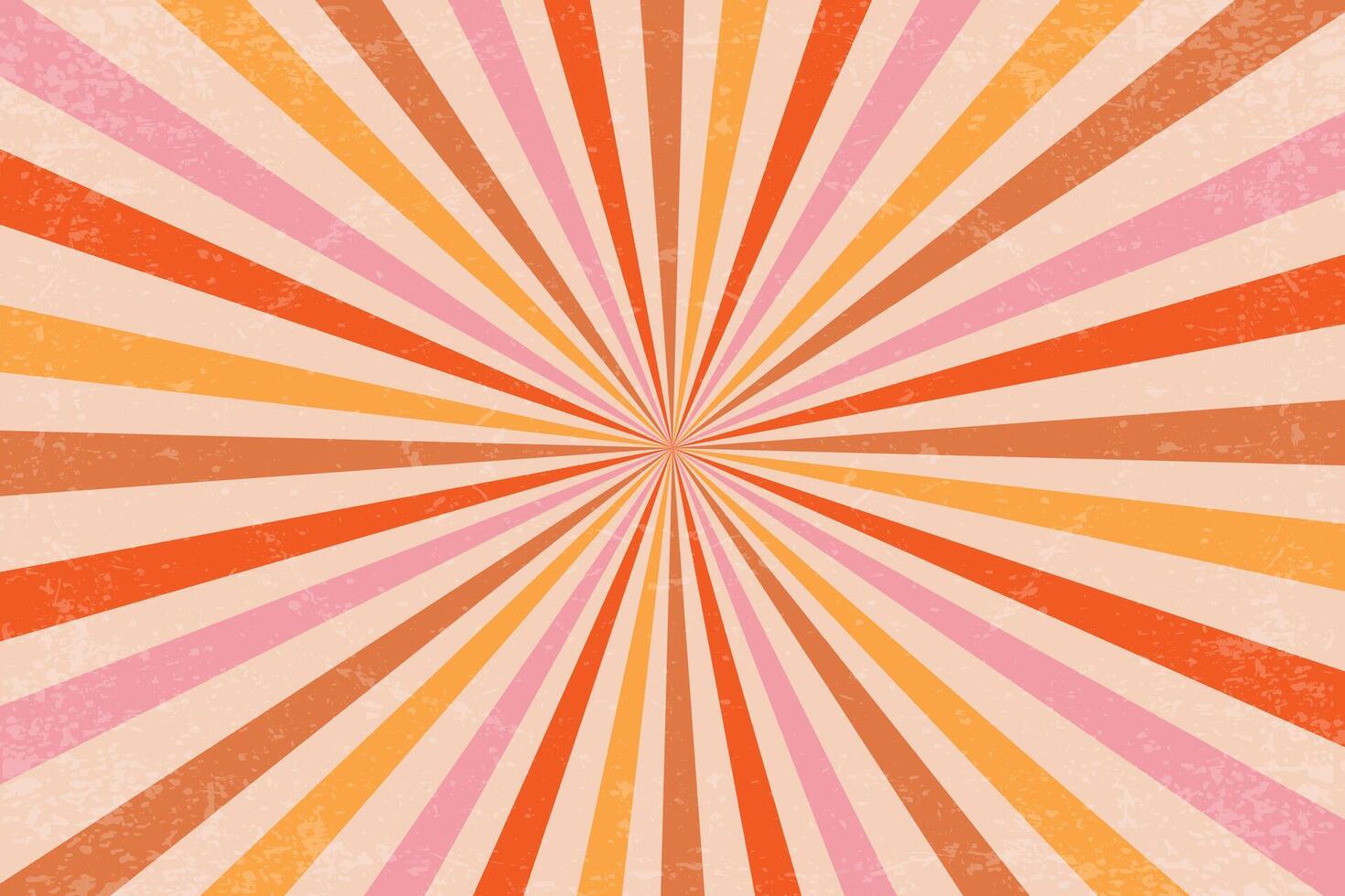 Retro pattern with groovy sun beams. Radial rays with grunge texture. Vintage abstract 70s design with stripes. Summer backdrop with concentric lines. Funky orange and pink bg vector