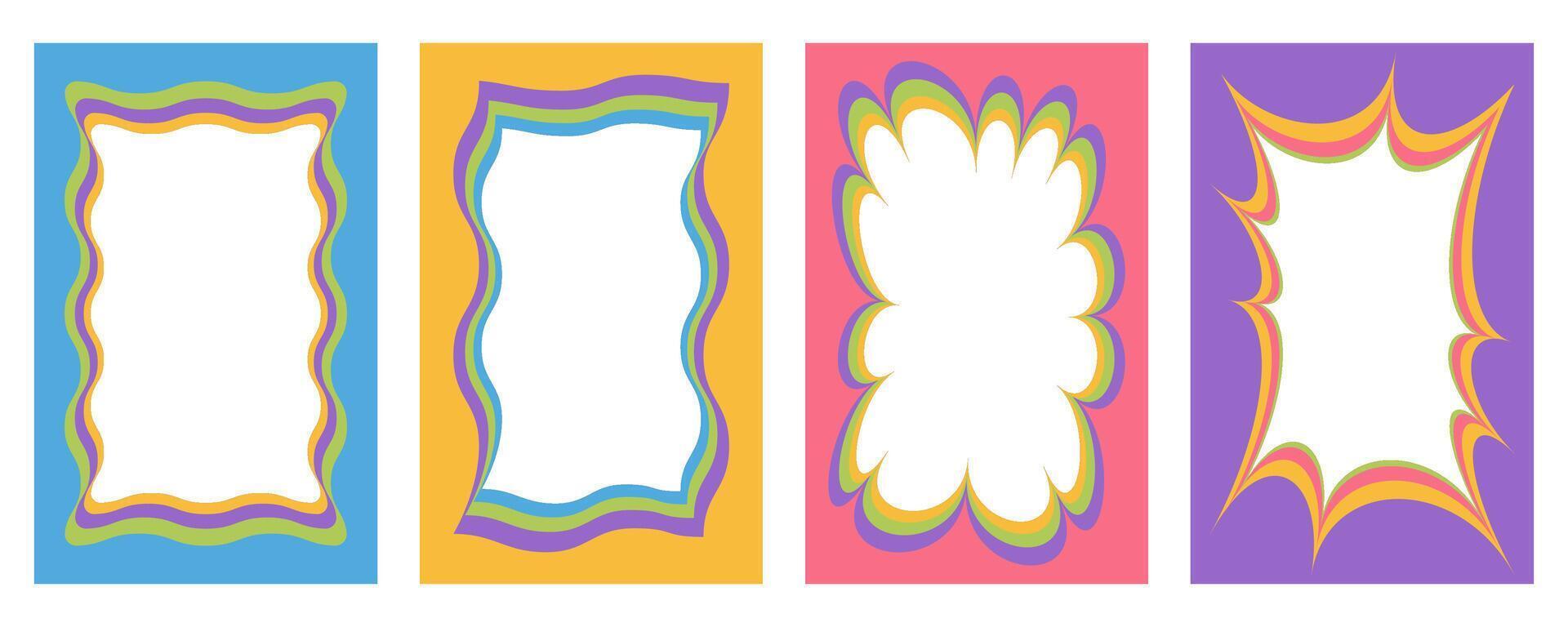 Wavy scallop border shapes. Rectangle fun psychedelic hand drawn frame. Doodle cute design for text photo and picture. Groovy child template. Y2K decorative blank vector