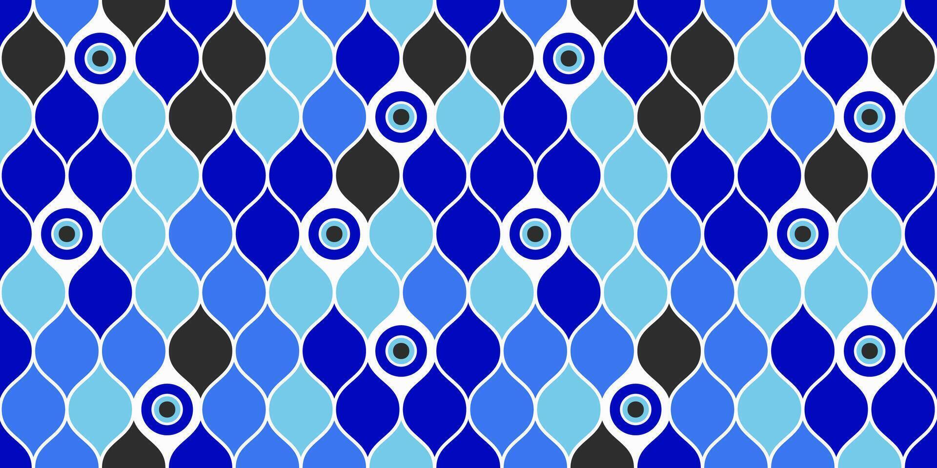 Evil eye seamless pattern. Traditional blue bead in Greece and Turkey. magic background with ethnic nazar - symbol of protection and luck. Ornament with energy amulet and spiritual talisman. vector