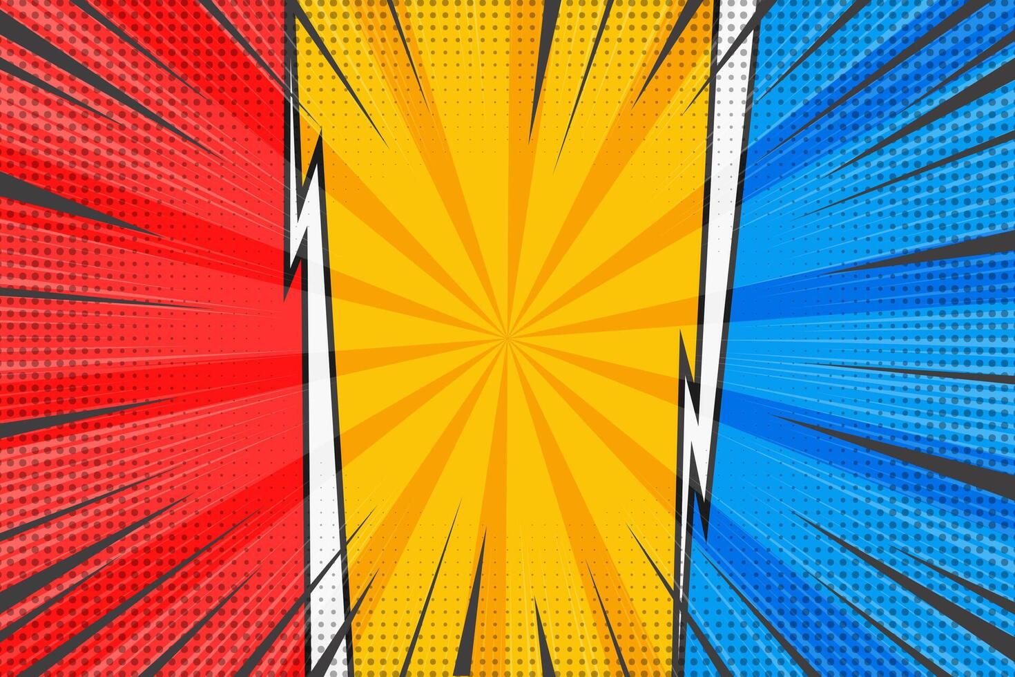 Comic book background. Cartoon pop art retro starburst graphic with blast. Vs template. Versus bright poster with abstract halftone effect. Compare manga banner with speed lines vector