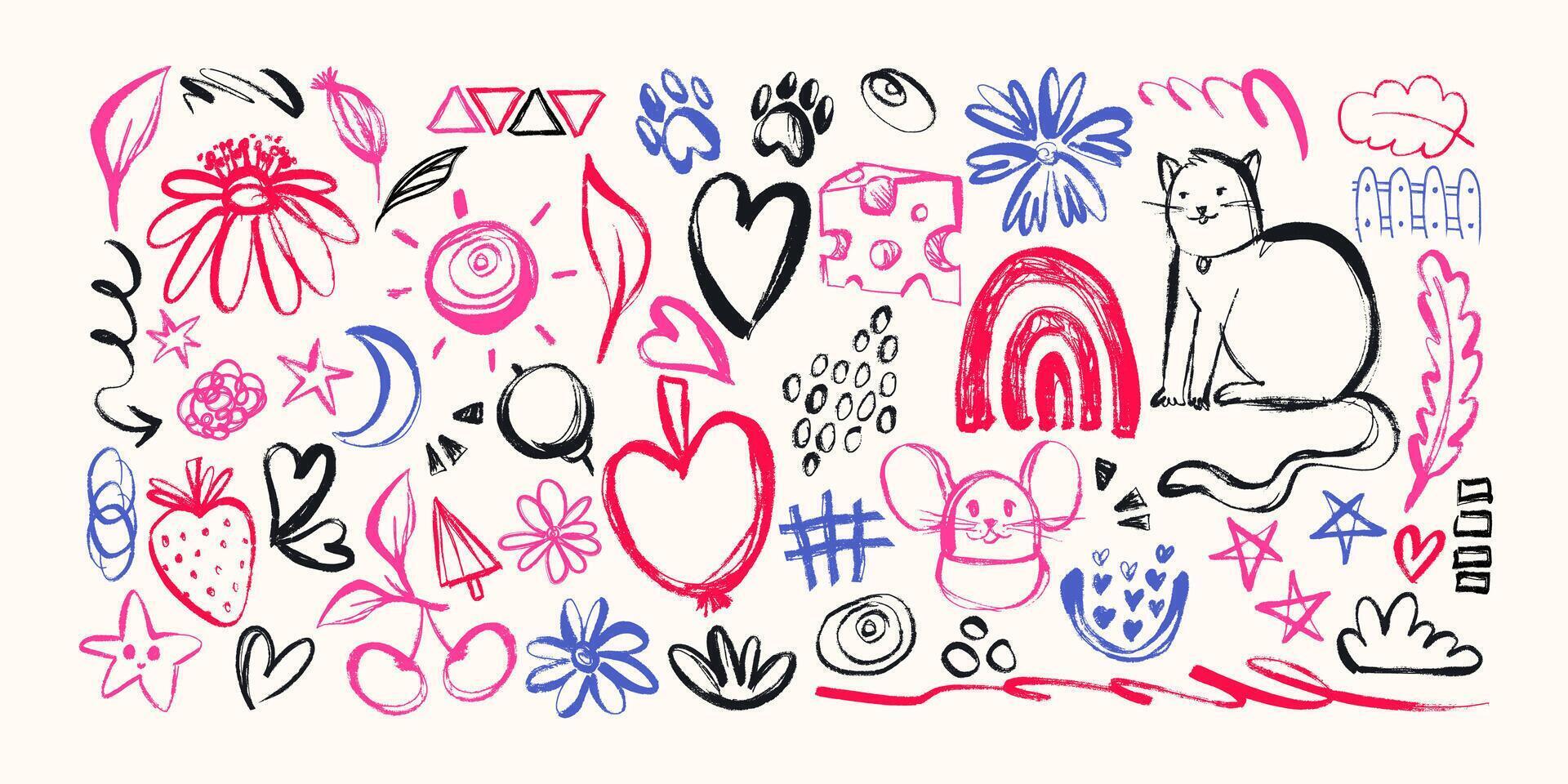 Colorful Set of Grunge Charcoal and Pencil Girly Sketches. Hand drawn design doodle shapes. Creative playful banner with graffiti abstract elements vector