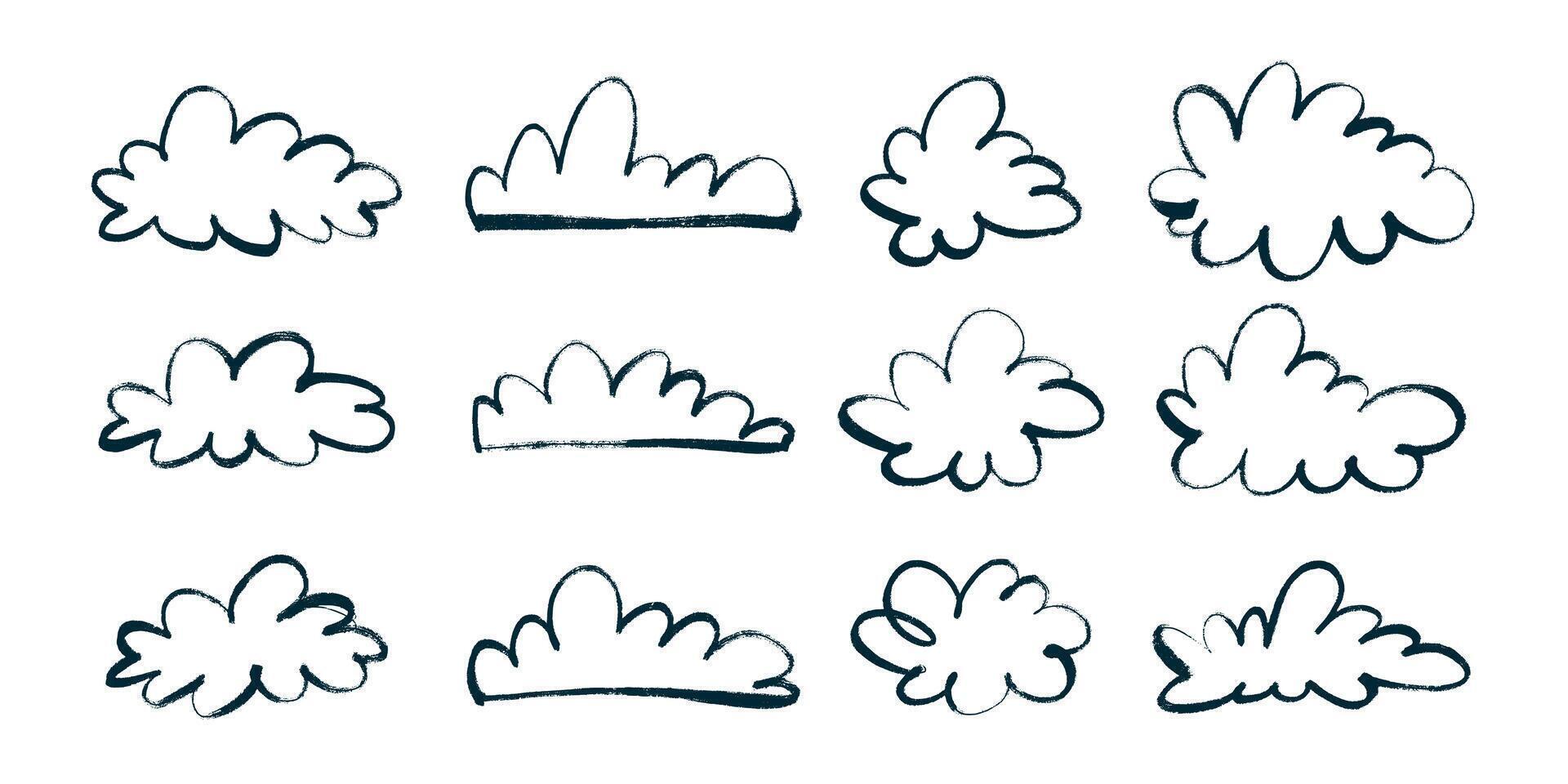 Black Clouds in Hand Drawn Style with Grunge Retro Effect. Pencil drawings of clouds. Abstract cartoon and fluffy cloud icons. vector