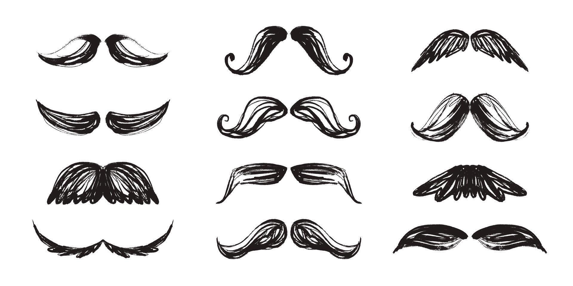 Bulky Grunge Moustache Set. Silhouette hand drawn moustache isolated on white background. Retro design of male moustaches vector
