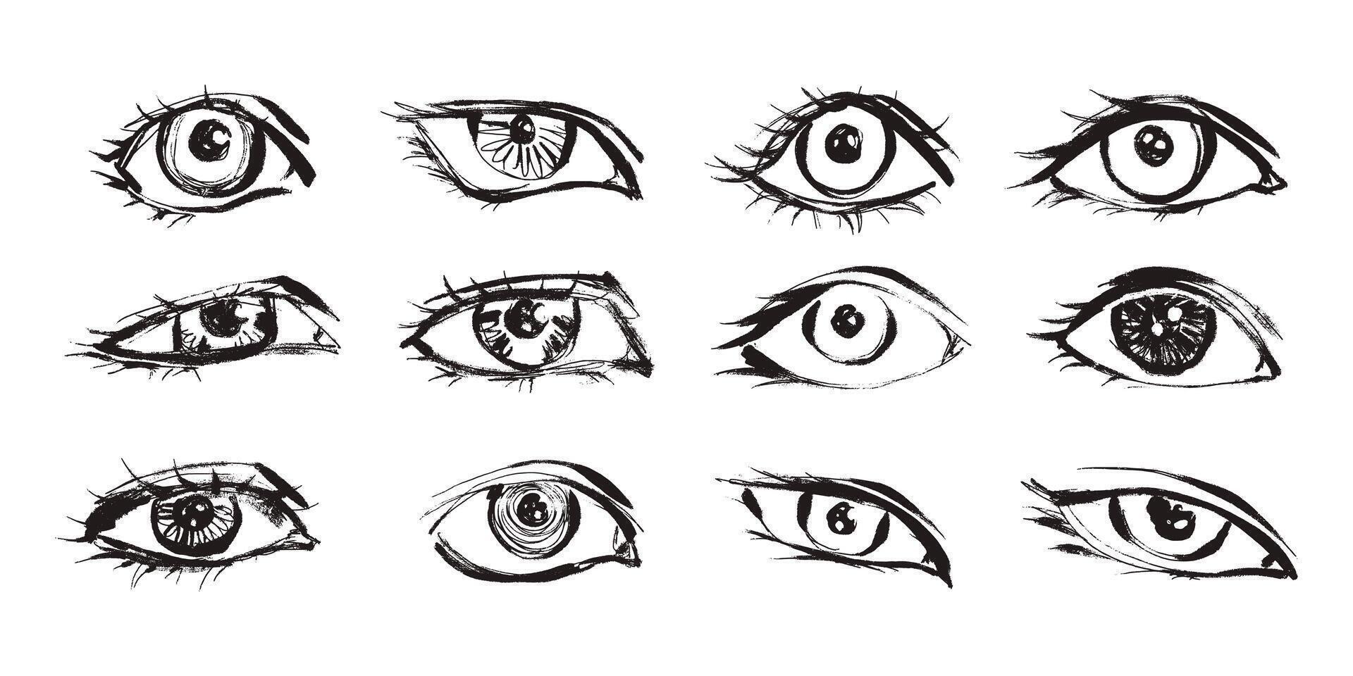 Grunge Set of Cartoon Eyes in Brutalist Retro Style Hand Drawn with Dry Ink on White Background. Monochrome grunge y2k trendy elements. vector