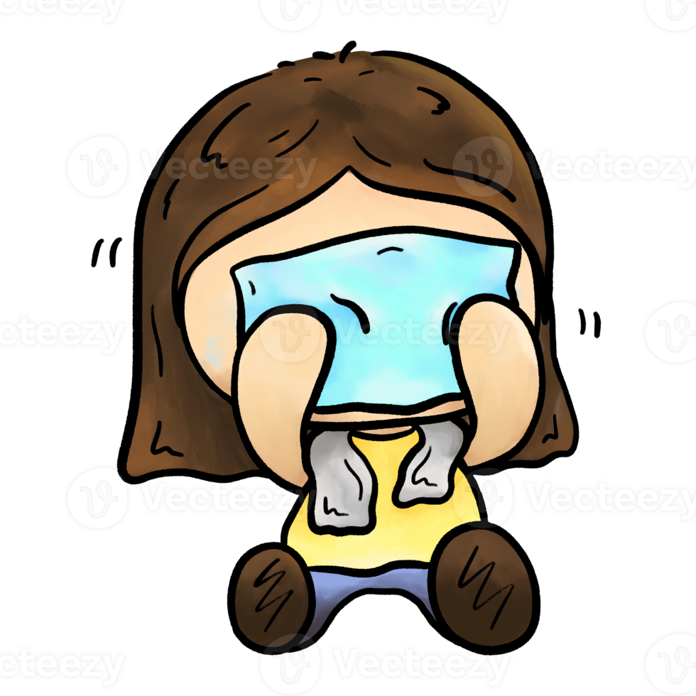 Cartoon girl washing face with towel illustration, watercolor cleaning face isolated drawing png