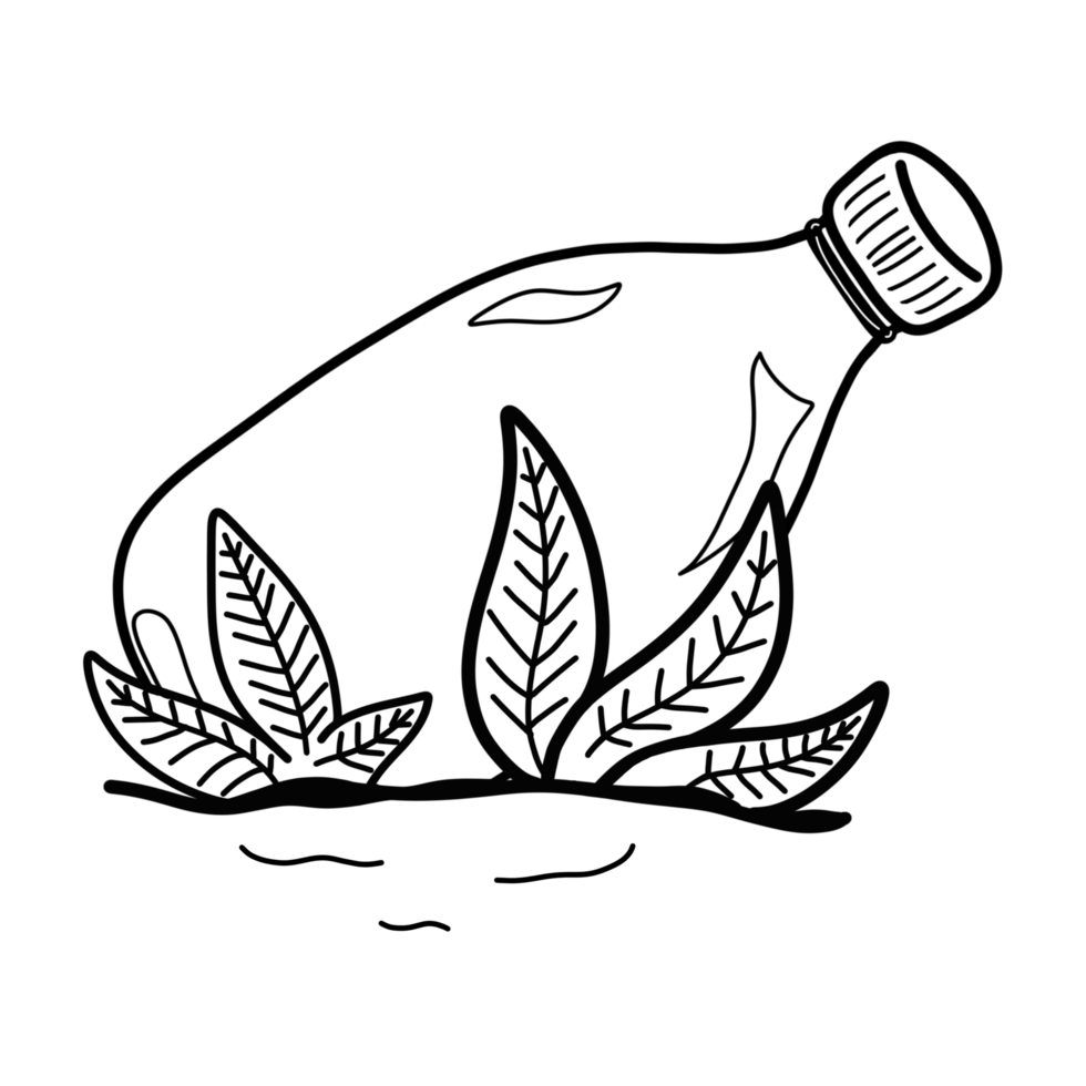 Plastic bottle in soil outline doodle illustration, plastic trash and land pollution cartoon isolated drawing png