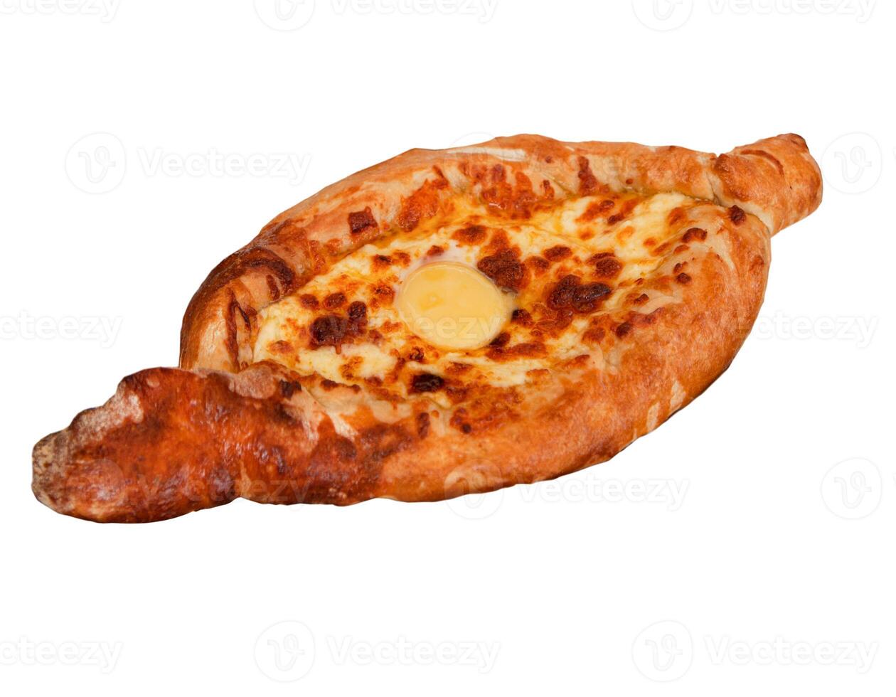 Khachapuri isolated on white background. Baked tortilla with egg and cheese. Adjarian-style khachapuri is a dish of Georgian cuisine, a national flour product. Bread loaf top view photo