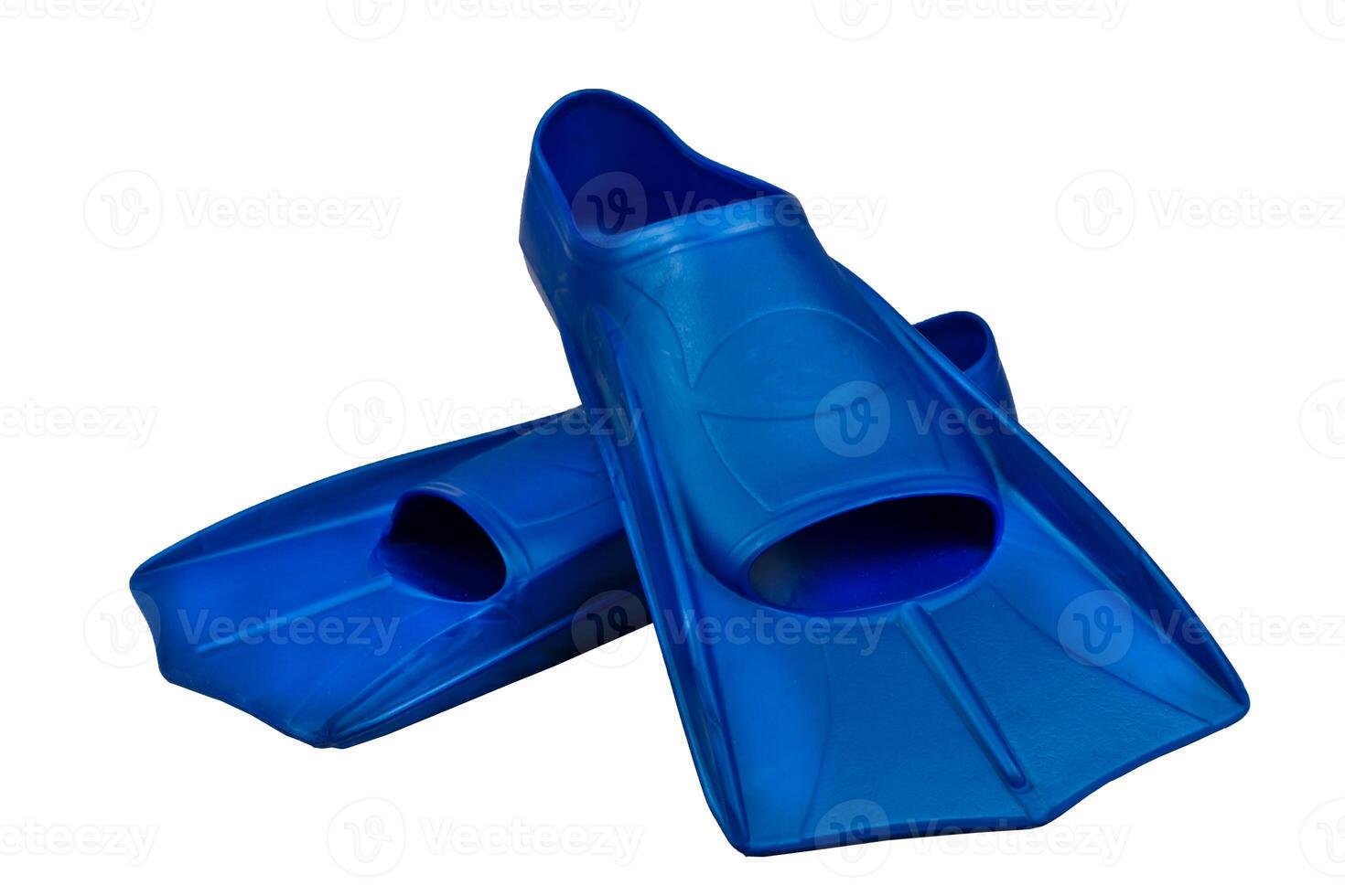 Fins are isolated on a white background. Flippers. Open toe and closed heel for professional swimming and training. Shortened blue flippers photo