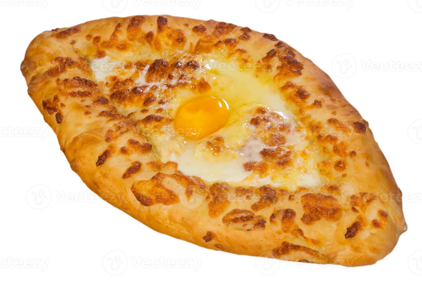 Khachapuri isolated on white background. Baked tortilla with egg and cheese. Adjarian food is a Georgian cuisine, a national flour product. Bread loaf top view. Boat open pie photo