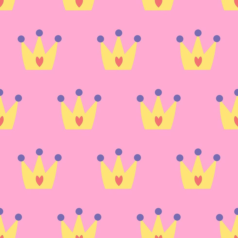 Gold princess crown seamless pattern on pink background vector