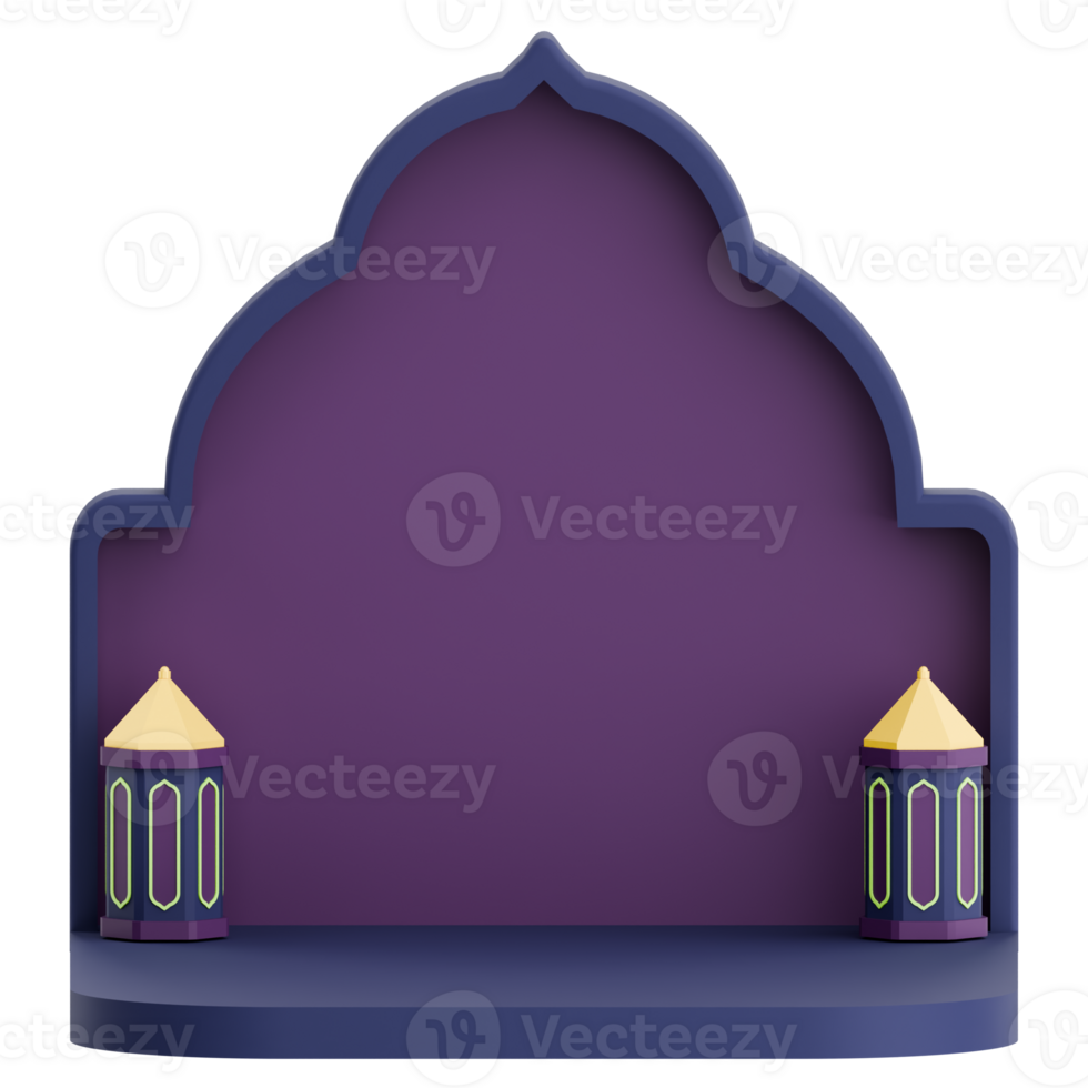3D illustration of mosque door with podium and lantern for ramadan celebration png