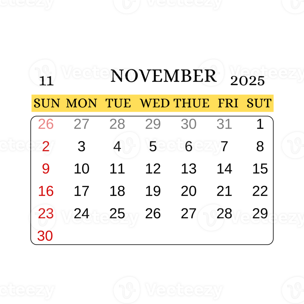 transparent november calendar of 2025 png