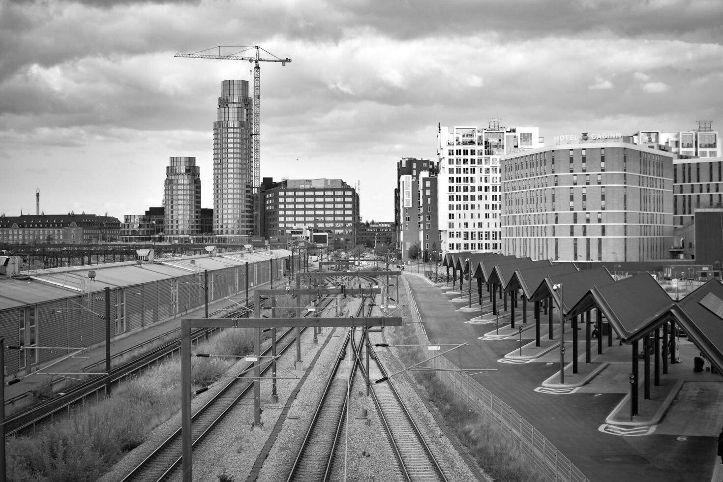 Copenhagen, Denmark. November 22, 2024. Urban landscape in black and white - Copenhagen railway view. photo