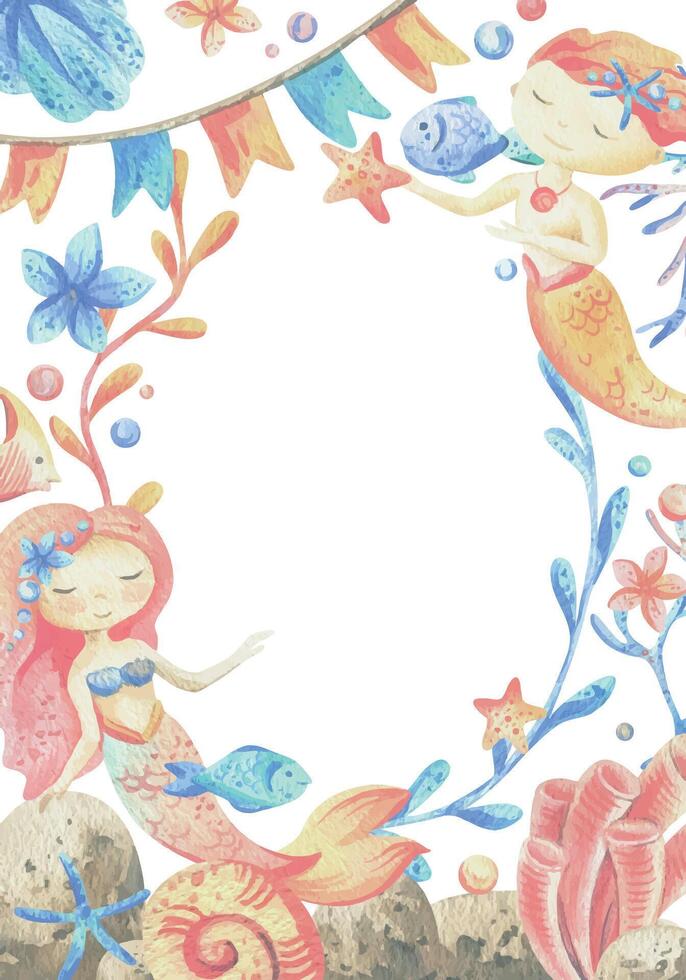 Mermaid little boy and girl with sea corals, algae, shells, starfish, fish, bubbles. Watercolor illustration hand drawn in coral, turquoise and blue colors. rectangular vertical frame template vector