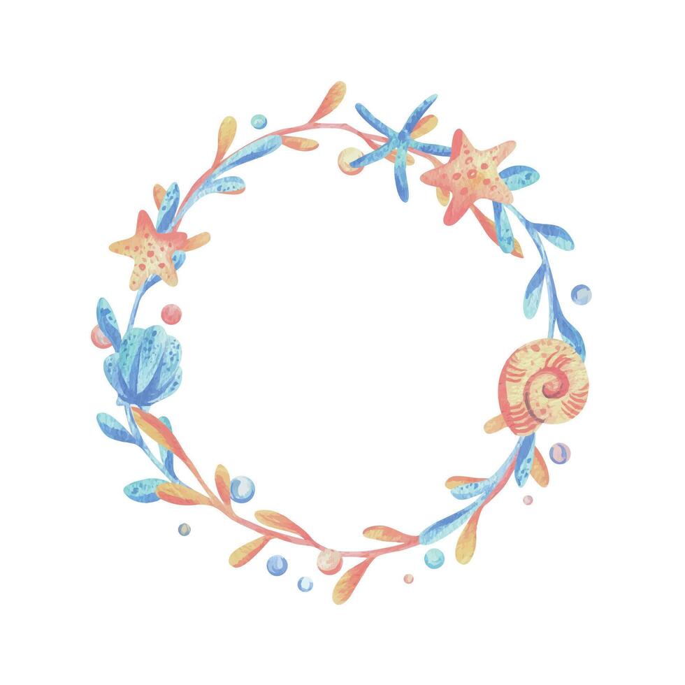 Sea corals, algae, shells, starfish, bubbles. Watercolor illustration hand drawn in coral, turquoise and blue colors. Round frame wreath isolated from background vector