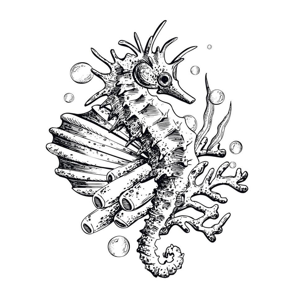 Seahorse, coral, sea sponge, algae and bubbles. Hand drawn graphic illustration in black and white color line art. Sublimation arrangement on marine theme vector