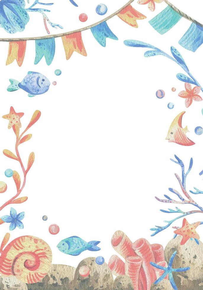 Sea corals, algae, shells, starfish, fish, bubbles. Watercolor illustration hand drawn in coral, turquoise and blue colors. rectangular vertical frame template isolated from the background vector