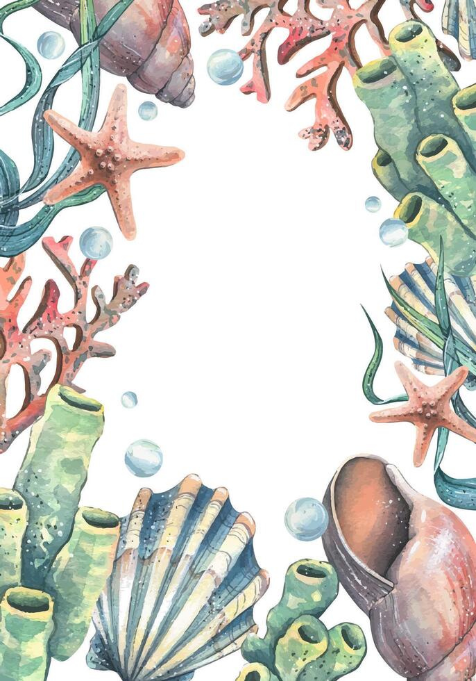 Corals, sea sponges, seaweed, shells, starfish and bubbles. Hand drawn watercolor illustration on the theme of sea animals and the underwater world. Vertical rectangular frame, template for text. vector
